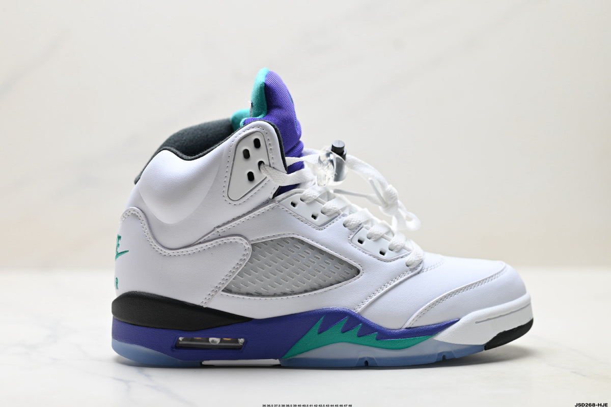 Air Jordan 5 Retro White Purple Emerald Sneakers detail view 1