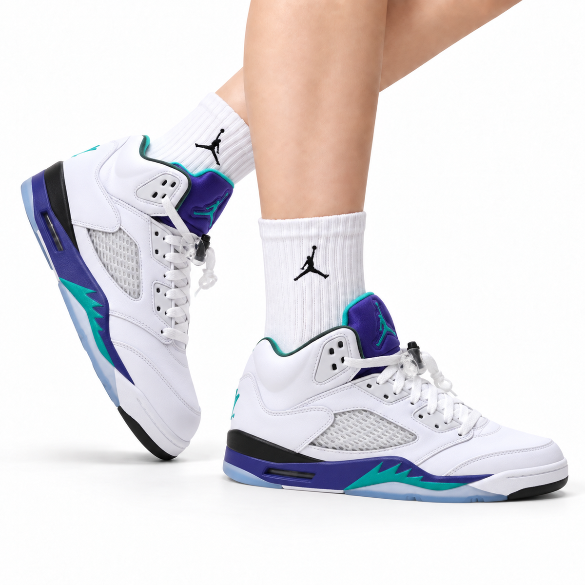 Air Jordan 5 Retro White Purple Emerald Sneakers on-foot product image on a pure white background