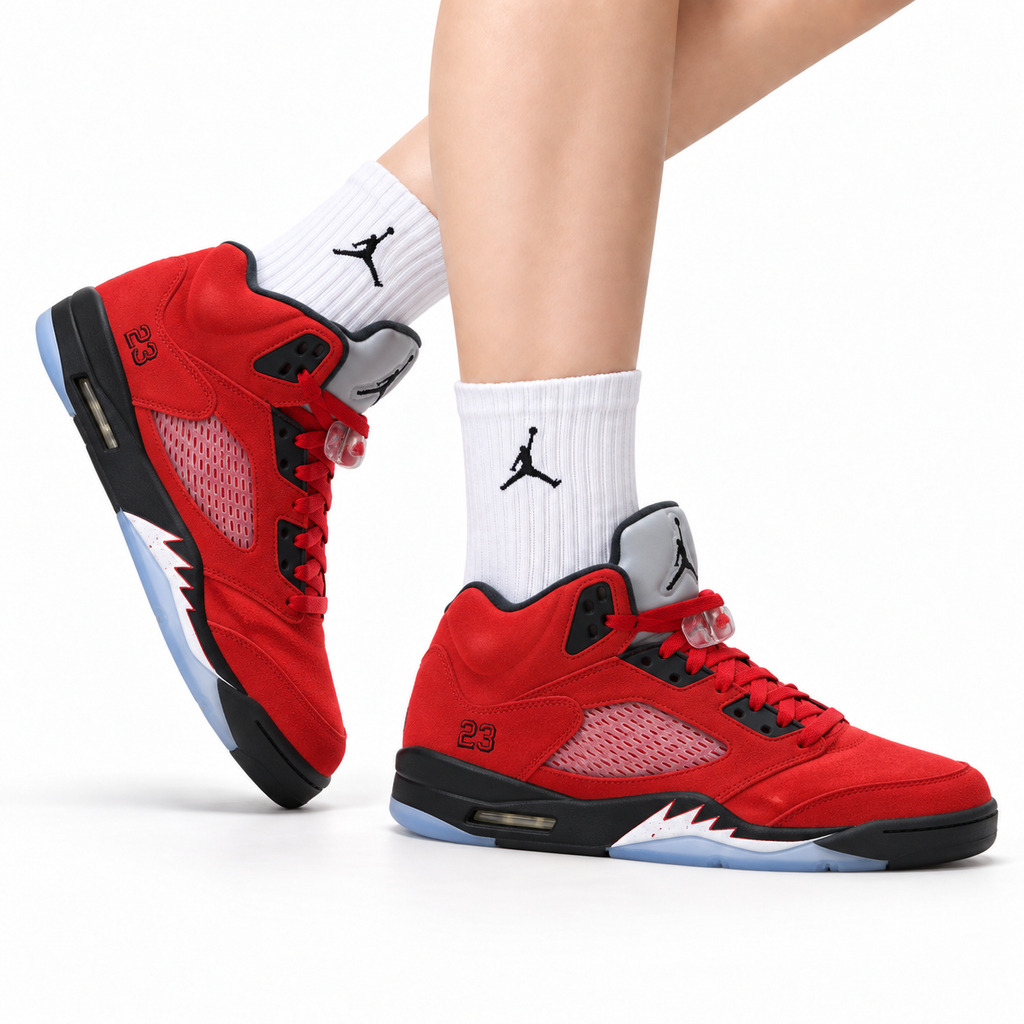 Air Jordan 5 Retro University Red Black Sneakers on-foot product image on a pure white background