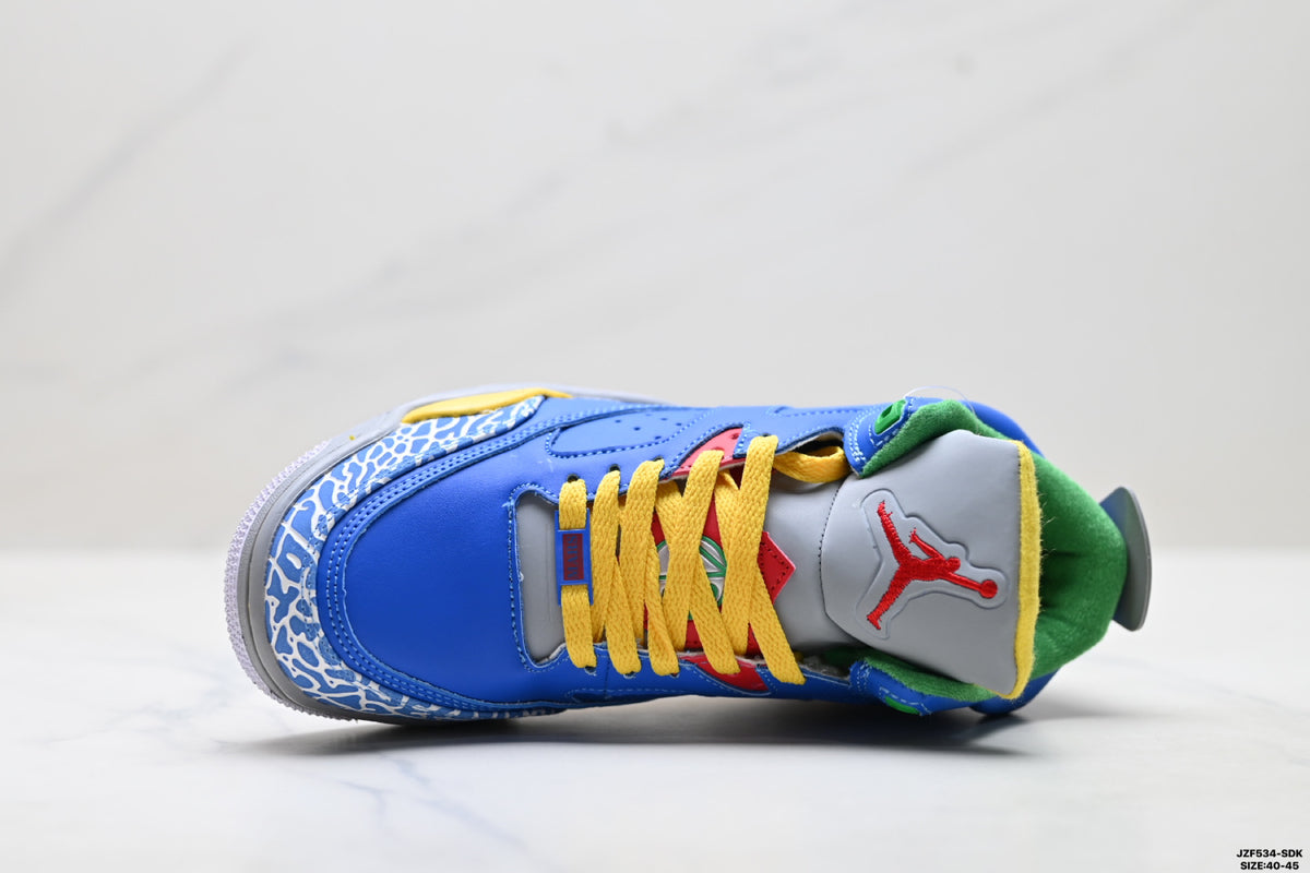Air Jordan 5 Retro Royal Blue Yellow Green Sneakers detail view 2