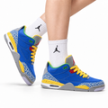 Air Jordan 5 Retro Royal Blue Yellow Green Sneakers on-foot product image on a pure white background