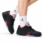 Air Jordan 5 Low Black Fire Red Sneakers on-foot product image on a pure white background