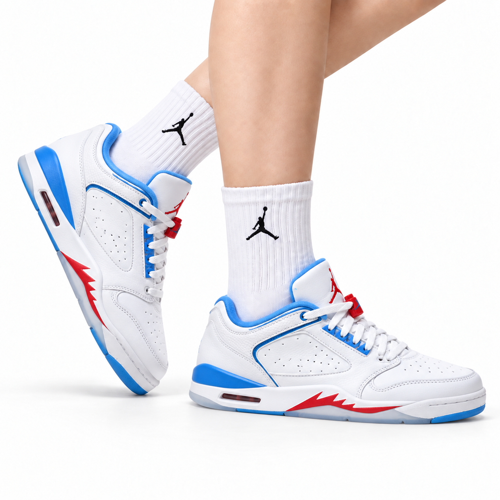 Air Jordan 5 Low White University Blue Sneakers on-foot product image on a pure white background
