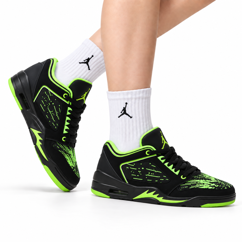 Air Jordan 5 Low Black Electric Green Sneakers on-foot product image on a pure white background