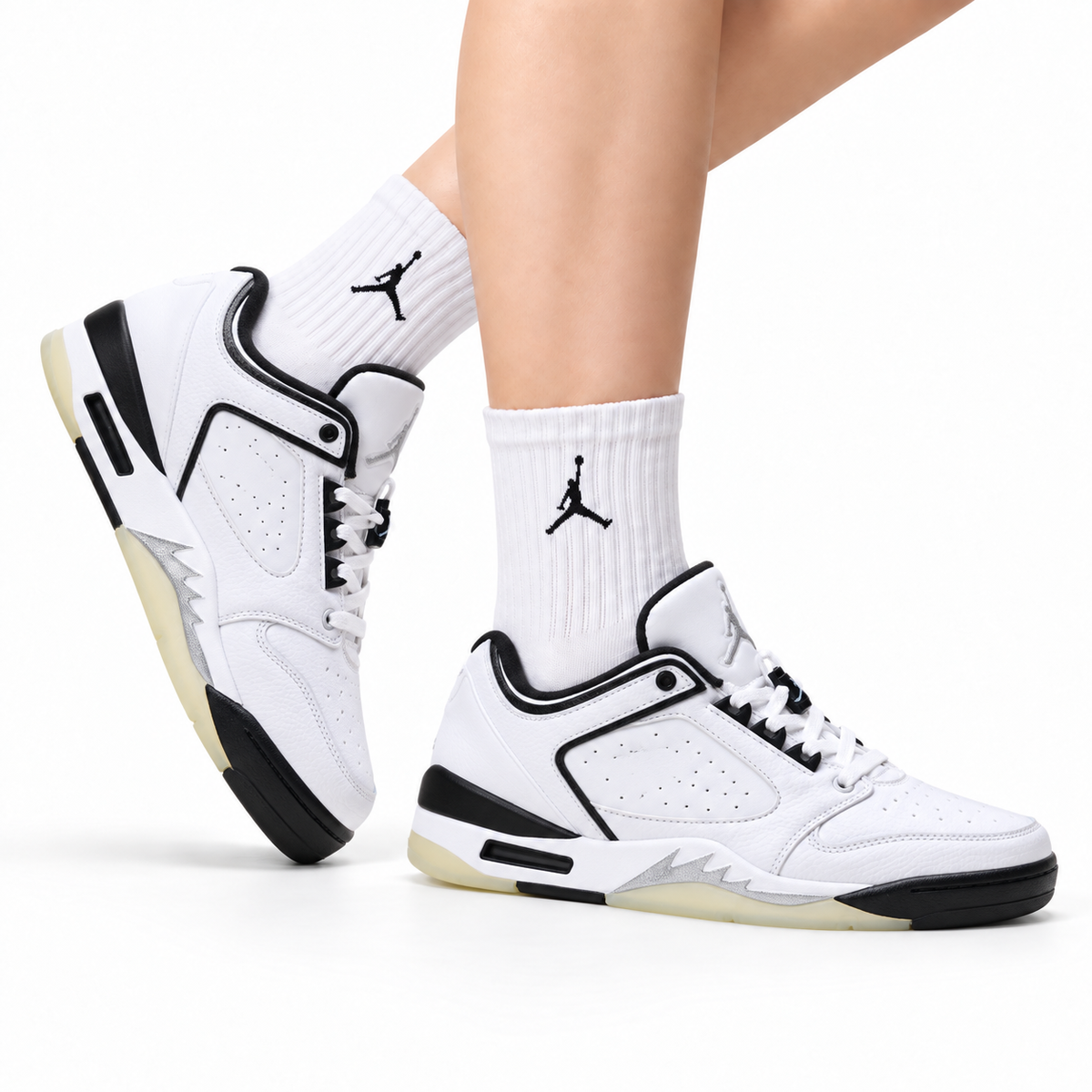 Air Jordan 5 Low White Black Sneakers on-foot product image on a pure white background