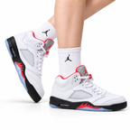 Air Jordan 5 Retro White Fire Red Ice Sneakers on-foot product image on a pure white background