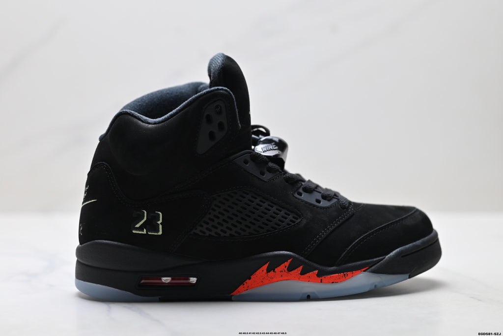 Air Jordan 5 Retro Black Fire Red Green Sneakers detail view 1