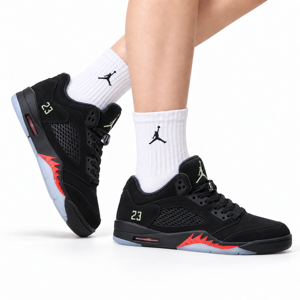 Air Jordan 5 Retro Black Fire Red Green Sneakers on-foot product image on a pure white background