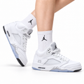 Air Jordan 5 Retro Triple White Sneakers on-foot product image on a pure white background