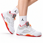 Air Jordan 5 Retro White Orange Red Sneakers on-foot product image on a pure white background