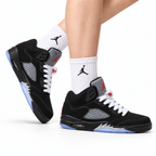 Air Jordan 5 Retro Black Fire Red White Sneakers on-foot product image on a pure white background