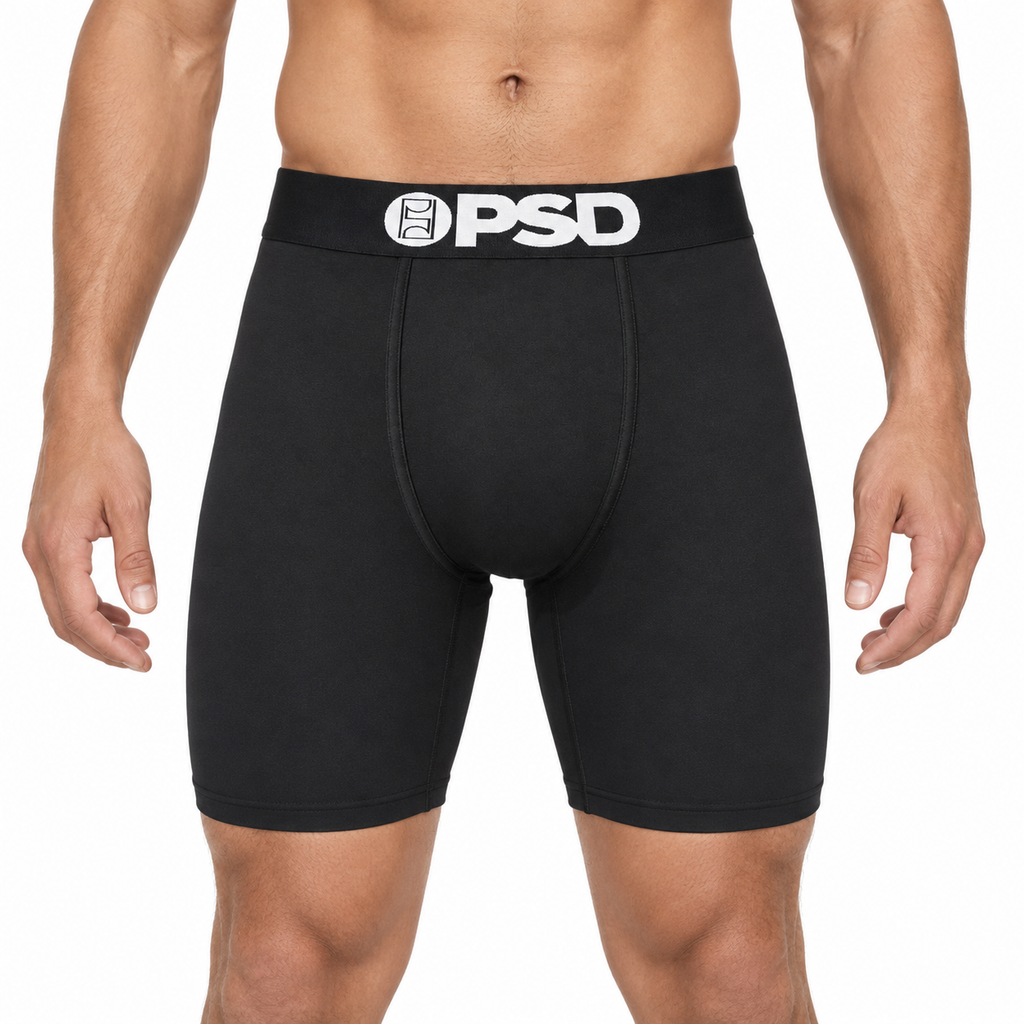 PSD men's black cotton boxer briefs on a pure white background