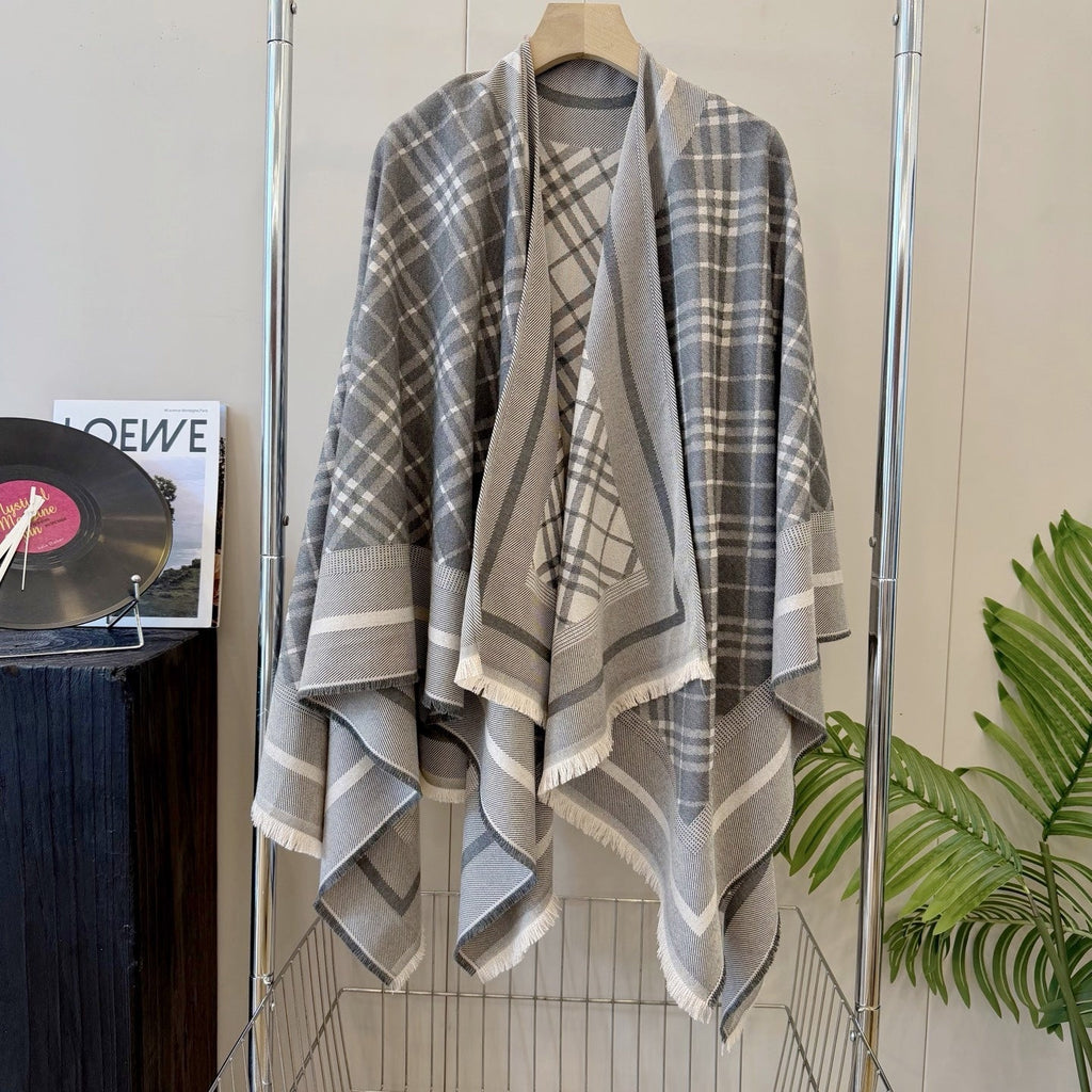 Burberry Style Reversible Plaid Cape Shawl product detail 6