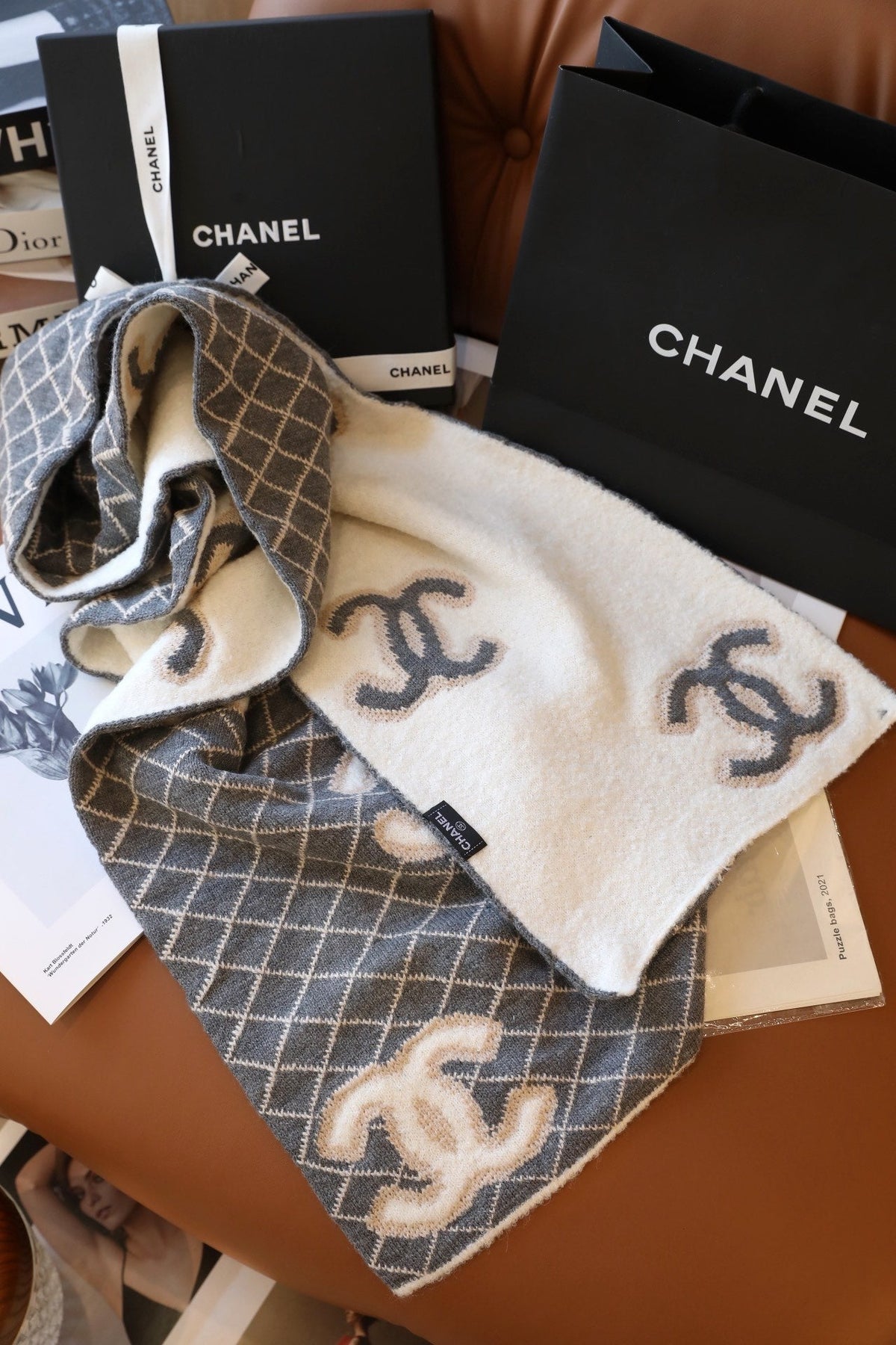 Chanel Style Fuzzy Reversible Diamond Logo Scarf product detail 4