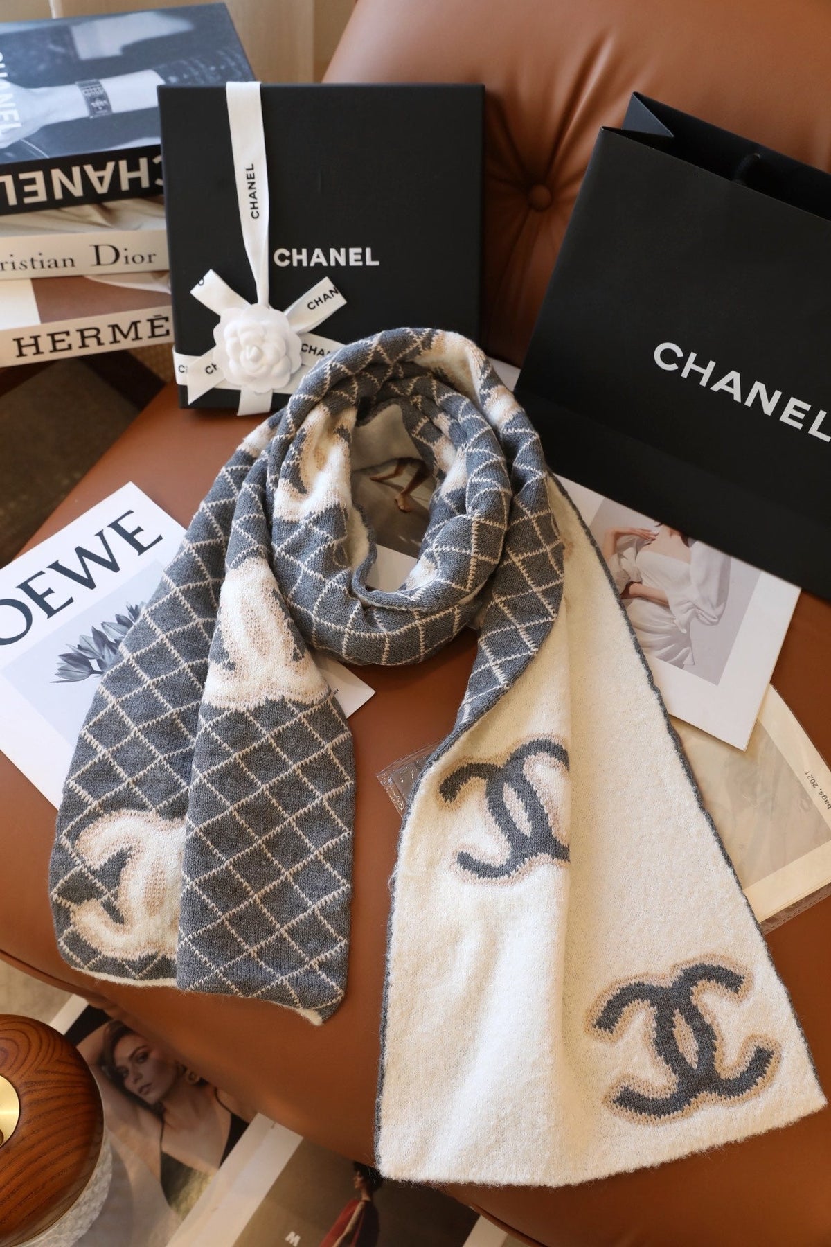 Chanel Style Fuzzy Reversible Diamond Logo Scarf product detail 5