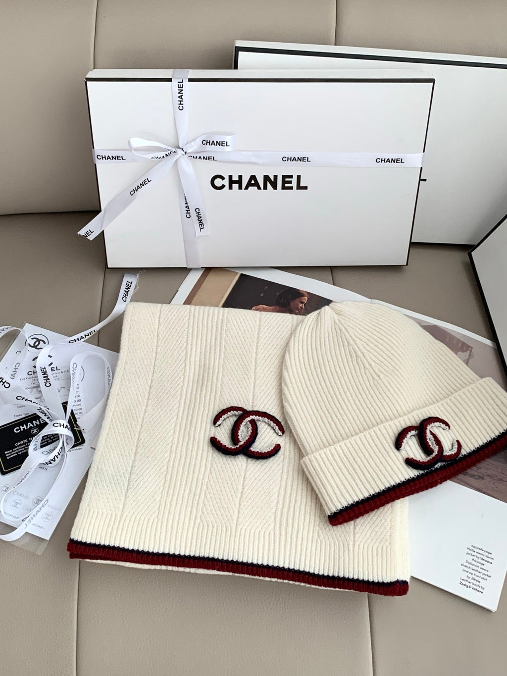 Chanel Style Ivory Rib-Knit Scarf and Beanie Set product detail 2