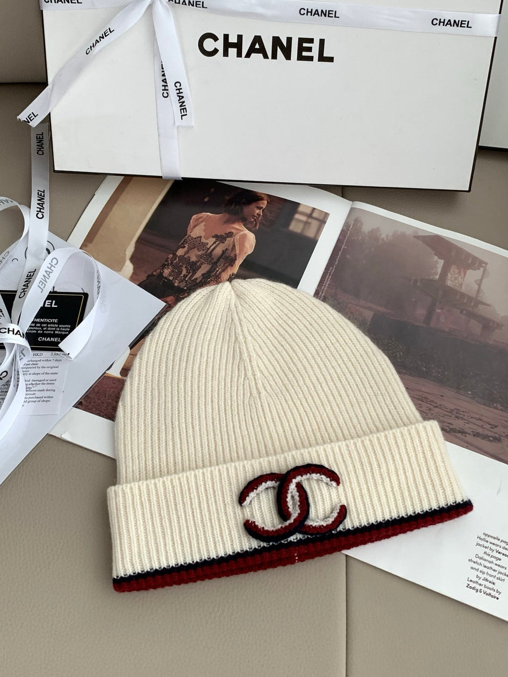 Chanel Style Ivory Rib-Knit Scarf and Beanie Set product detail 3