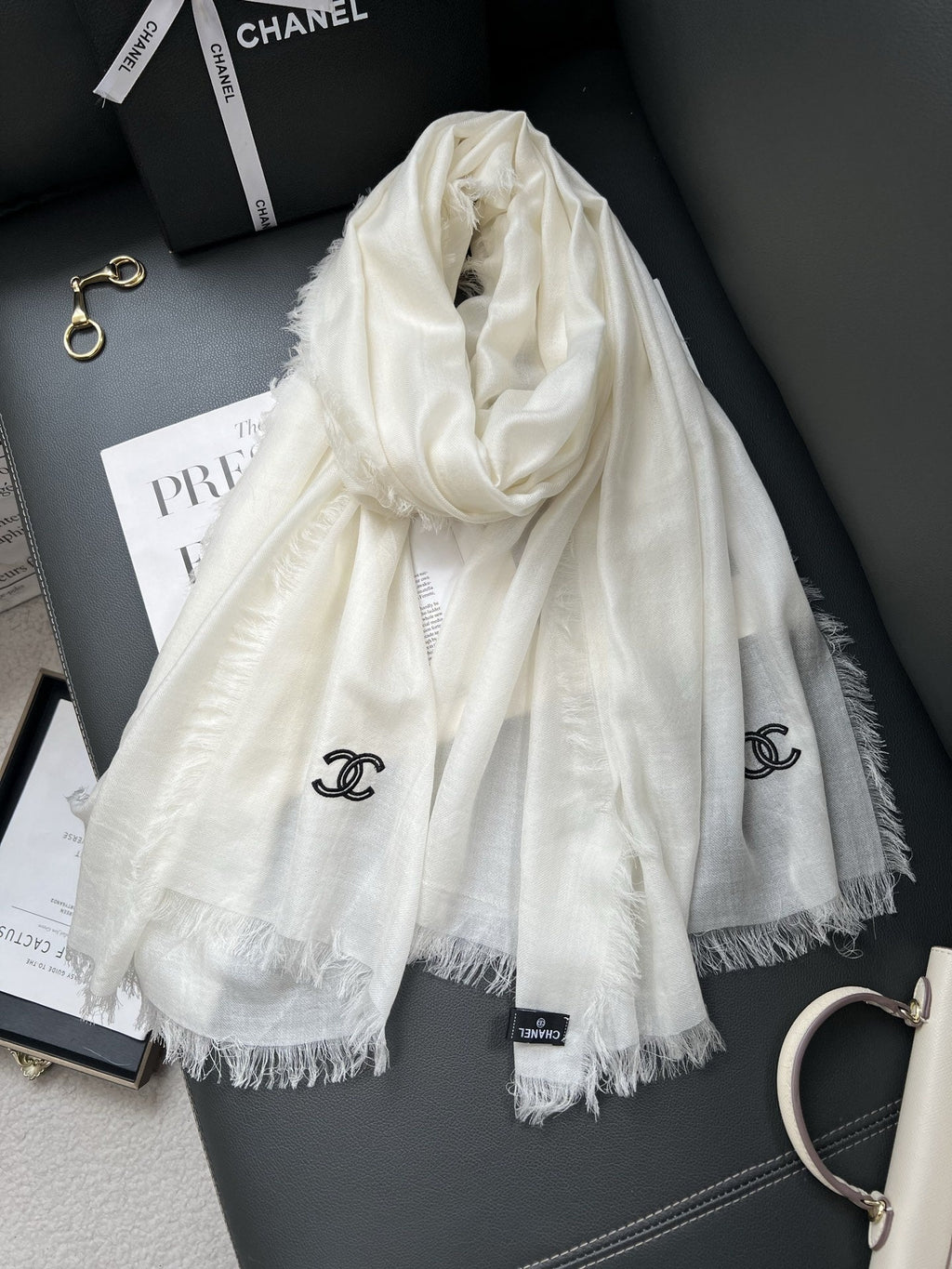 Chanel Style Lightweight Embroidered Logo Scarf product detail 2