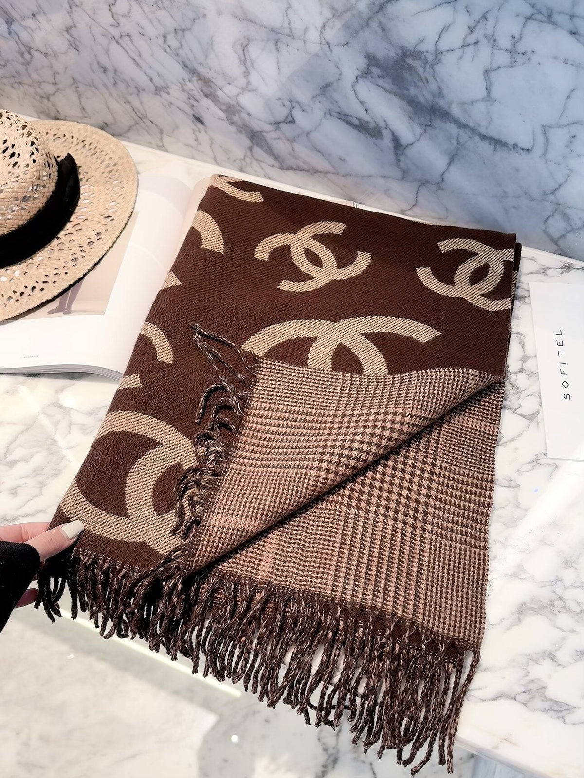 Chanel Style Oversized Logo Check Fringe Scarf product detail 3
