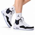 Jordan Legacy 312 High White Black Royal Blue sneakers on feet with Jordan socks