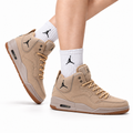 Jordan Legacy 312 High Wheat Tan sneakers on feet with Jordan socks