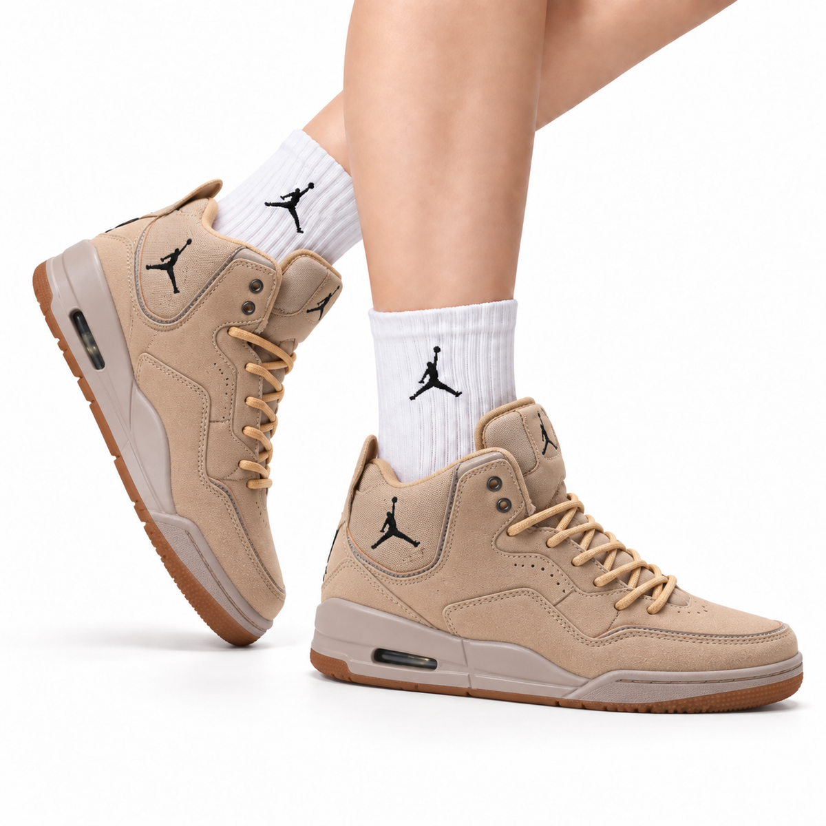 Jordan Legacy 312 High Wheat Tan sneakers on feet with Jordan socks