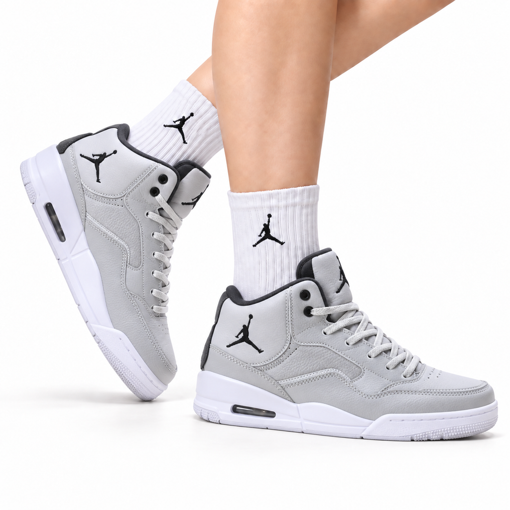 Jordan Legacy 312 High Wolf Grey White sneakers on feet with Jordan socks