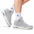 Jordan Legacy 312 High Light Grey White sneakers on feet with Jordan socks