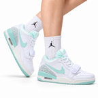 Jordan Legacy 312 Low White Mint Grey sneakers on feet with Jordan socks