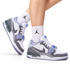 Jordan Legacy 312 Low White Wolf Grey Purple sneakers on feet with Jordan socks