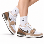 Jordan Legacy 312 Low White Tan Brown sneakers on feet with Jordan socks