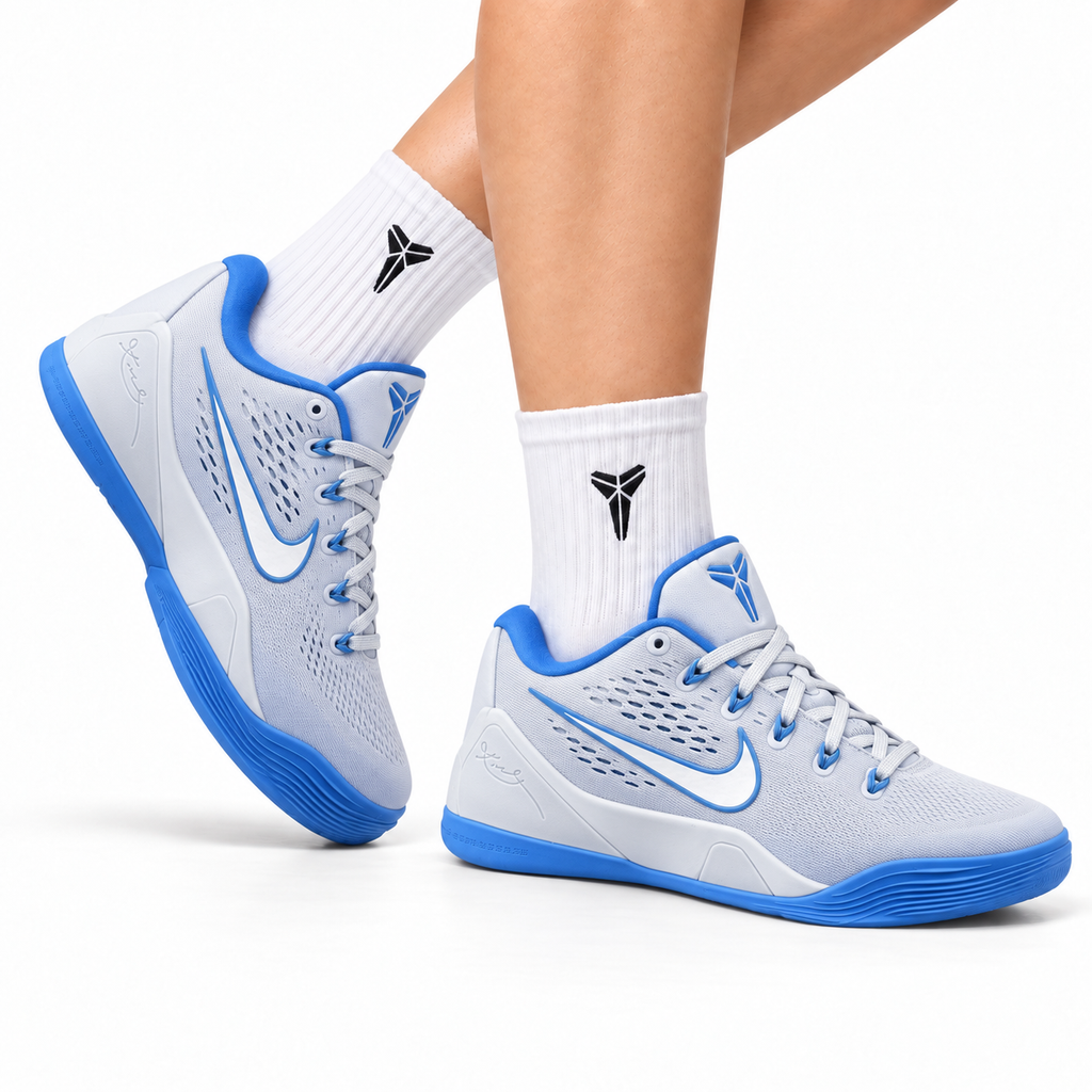 Nike Kobe White Blue Mesh basketball shoes, on-foot styling illustration