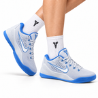 Nike Kobe White Blue Mesh basketball shoes, on-foot styling illustration