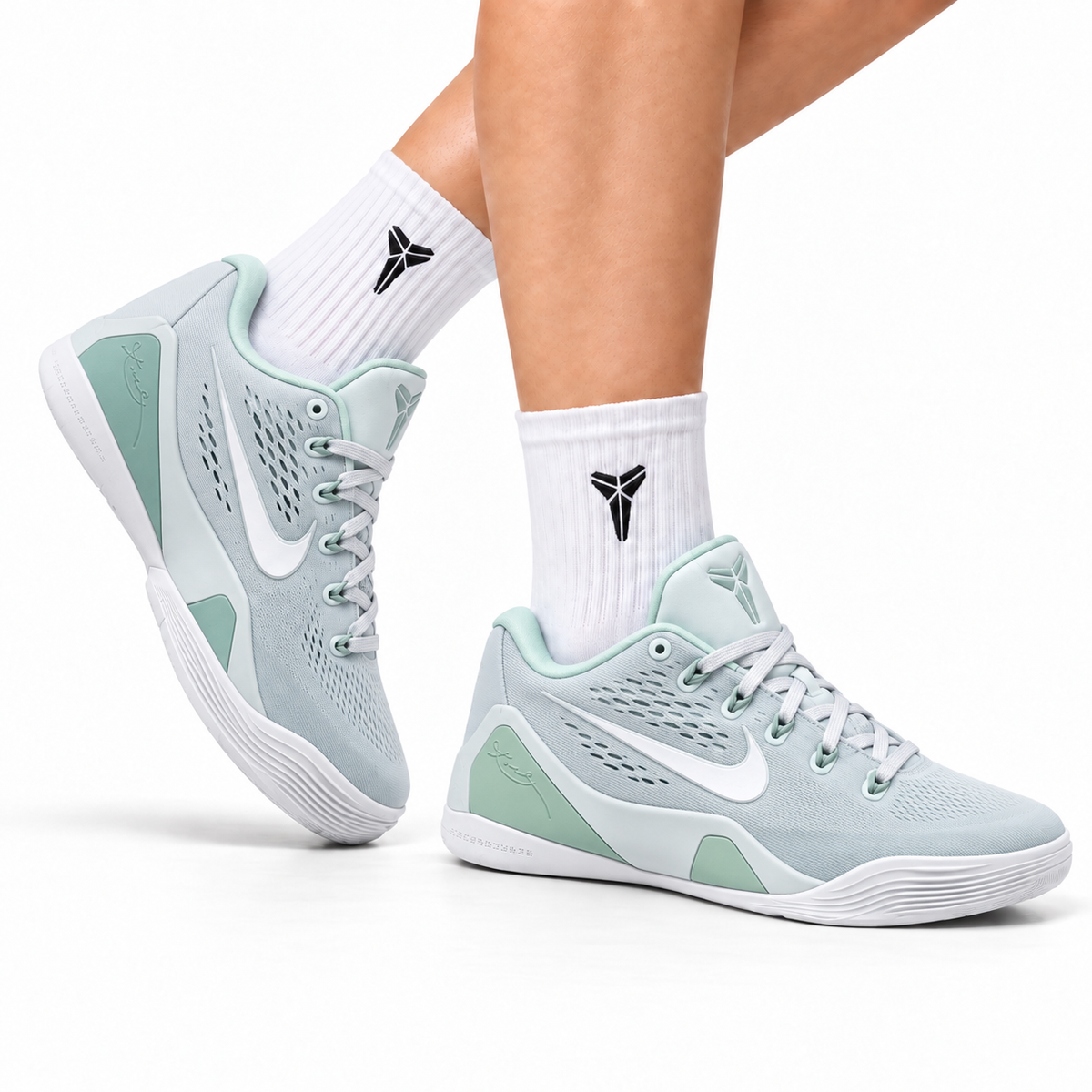 Nike Kobe Mint White Mesh basketball shoes, on-foot styling illustration