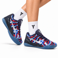 Nike Kobe Navy Red Blue Geometric basketball shoes, on-foot styling illustration