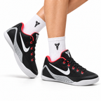 Nike Kobe Black White Coral basketball shoes, on-foot styling illustration