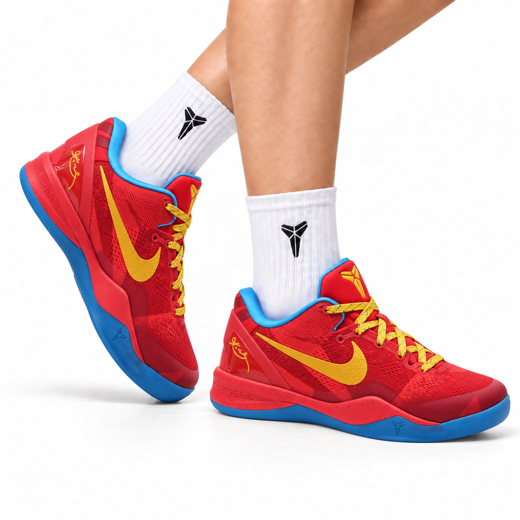 Nike Kobe Red Yellow Blue basketball shoes, on-foot styling illustration
