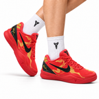 Nike Kobe Red Gold Horse Print basketball shoes, on-foot styling illustration