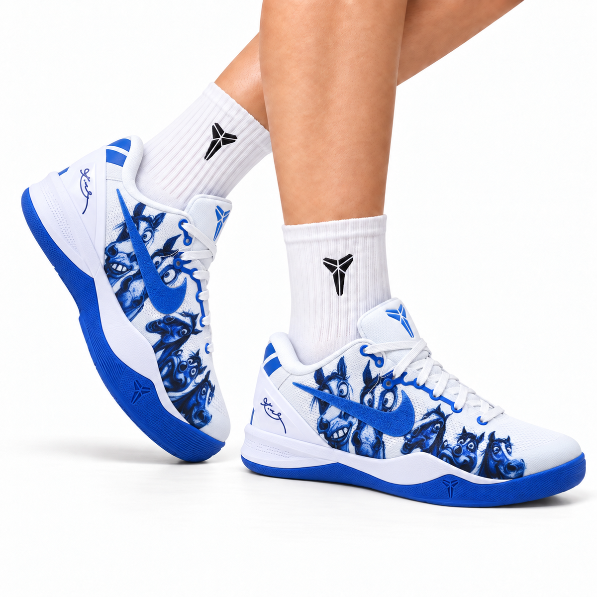 Nike Kobe White Blue Horse Print basketball shoes, on-foot styling illustration