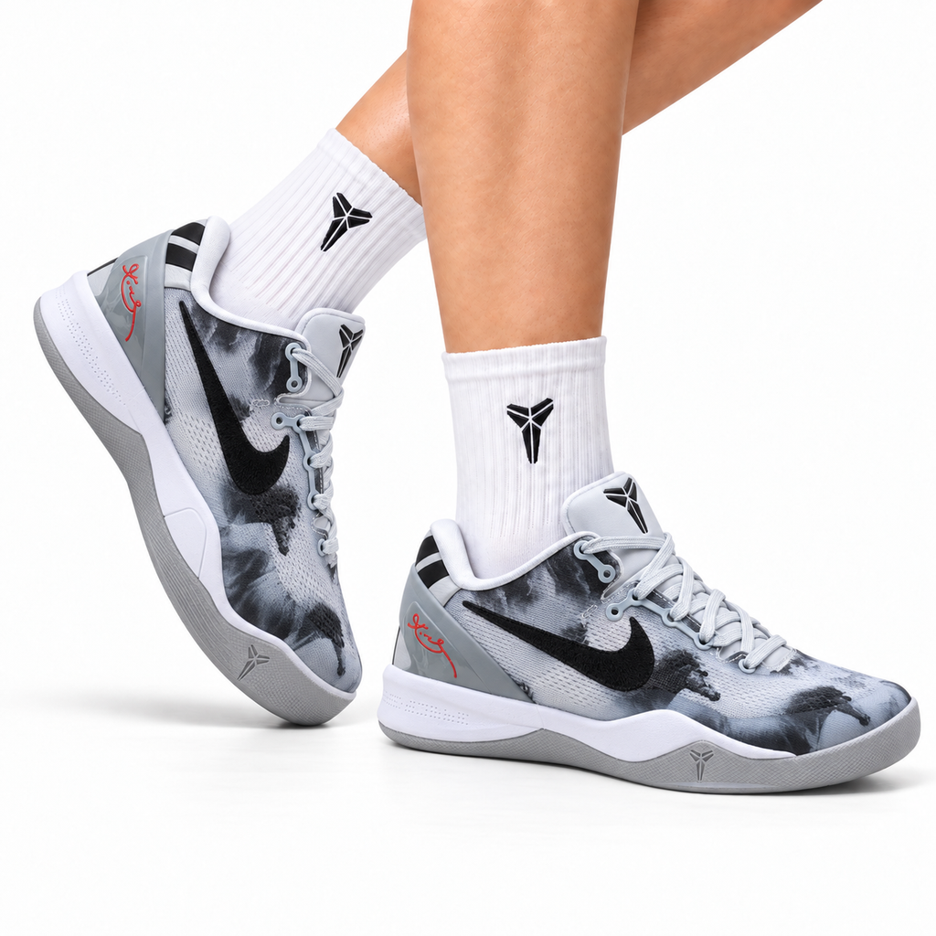 Nike Kobe Gray Black Horse Print basketball shoes, on-foot styling illustration