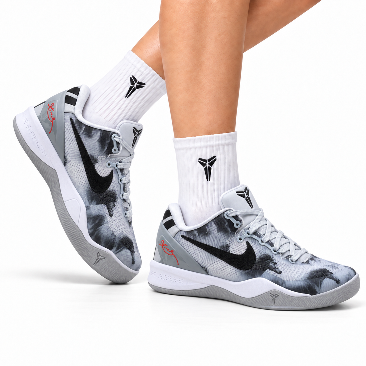 Nike Kobe Gray Black Horse Print basketball shoes, on-foot styling illustration