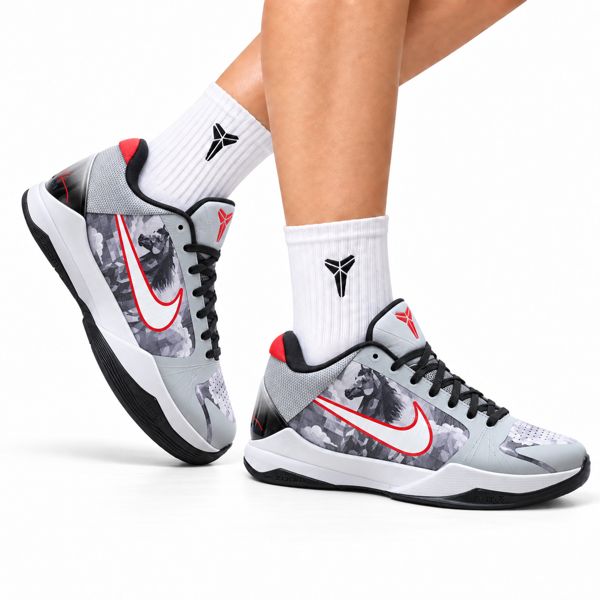 Nike Kobe Gray Red Horse Graphic basketball shoes, on-foot styling illustration