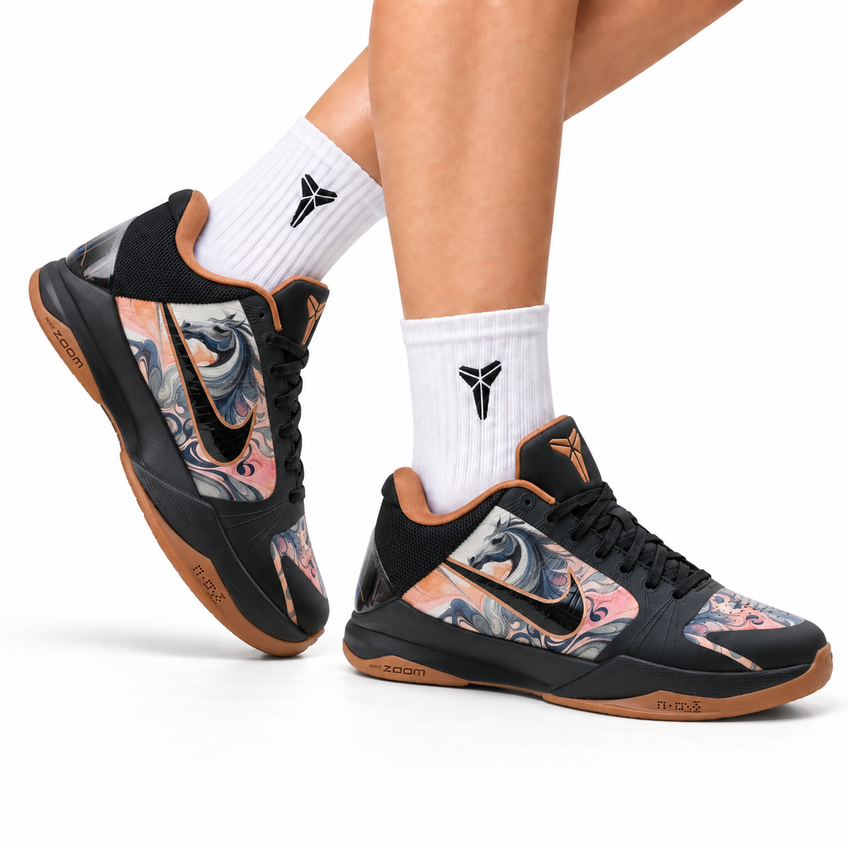 Nike Kobe Black Peach Horse Graphic basketball shoes, on-foot styling illustration