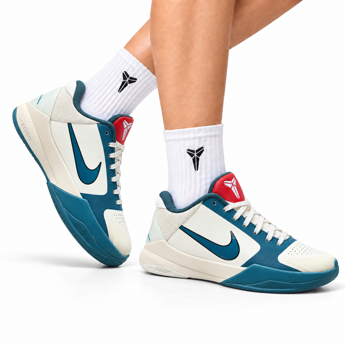 Nike Kobe Cream Teal Color Block basketball shoes, on-foot styling illustration