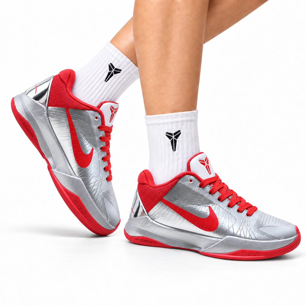 Nike Kobe Metallic Silver Red basketball shoes, on-foot styling illustration