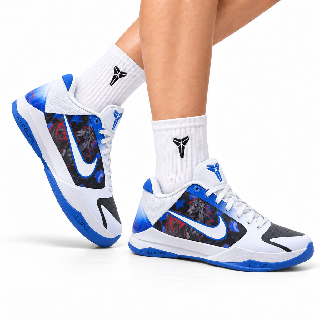 Nike Kobe White Blue Horse Graphic basketball shoes, on-foot styling illustration