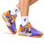 Nike Kobe Purple Gold Abstract basketball shoes, on-foot styling illustration