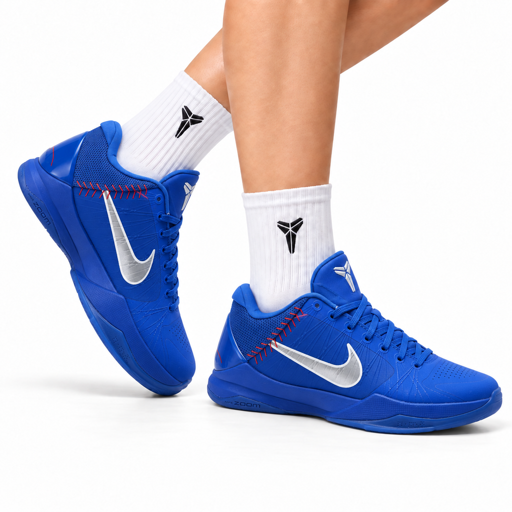 Nike Kobe Royal Blue Silver basketball shoes, on-foot styling illustration
