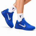 Nike Kobe Royal Blue Silver basketball shoes, on-foot styling illustration