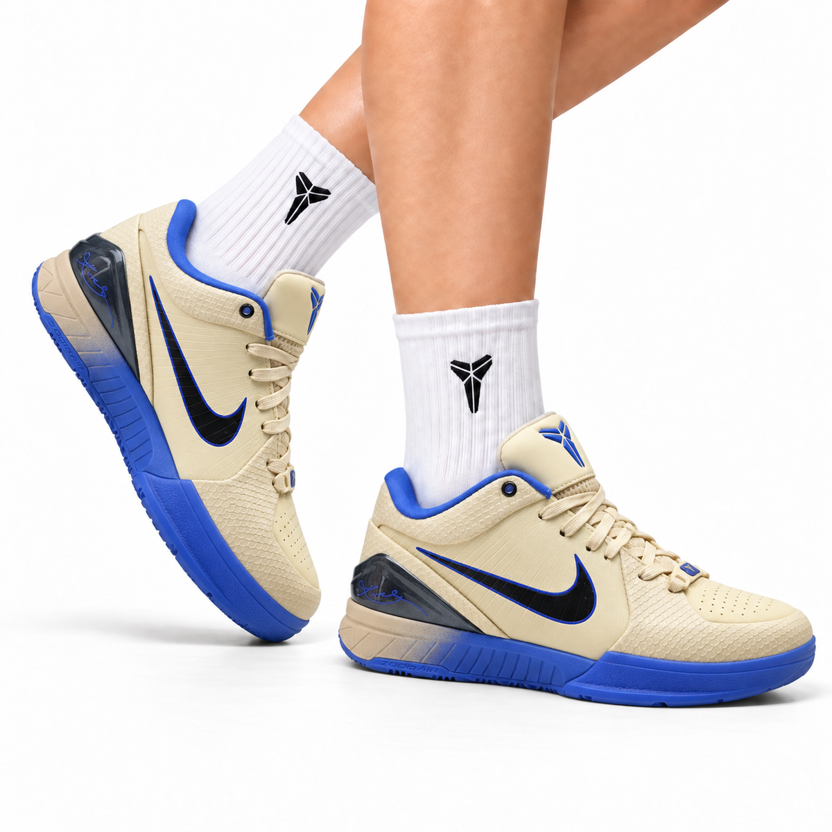Nike Kobe Cream Blue Textured basketball shoes, on-foot styling illustration